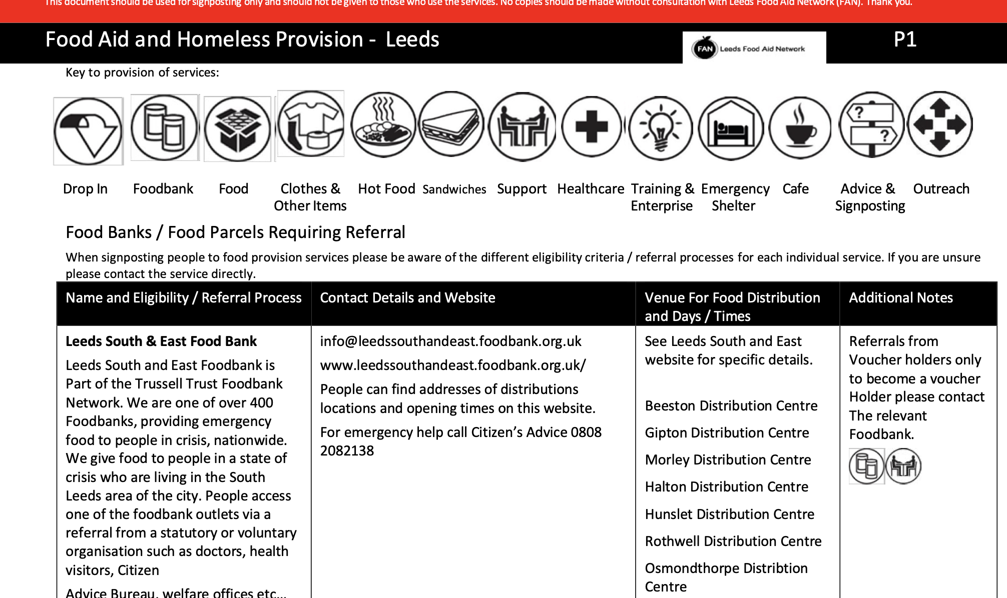 Food aid and homeless provision document for Leeds